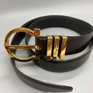 Salvatore Ferragamo Dark Brown Leather Belt with Gold Gancini Buckle
